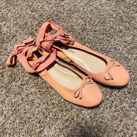 Saks Fifth Avenue SZ 7.5 Ribbon Wrap Up Ballet Flats Salmon Pink Balletcore Girl - Picture 2 of 7